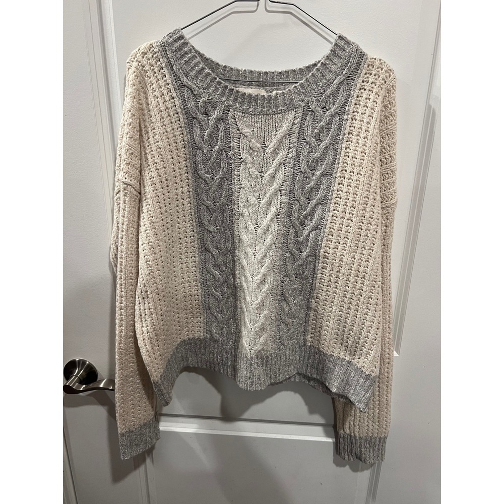 Sleeping on Snow Womens Sweater Cable Knit Colorblock Cream Grey Size L